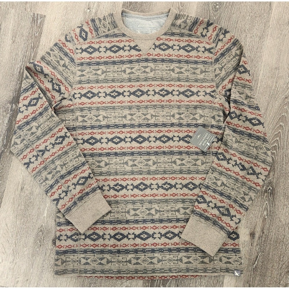Eddie Bauer Mens Waffle Knit Thermal Shirt Southwestern Print Tan Red Blue M